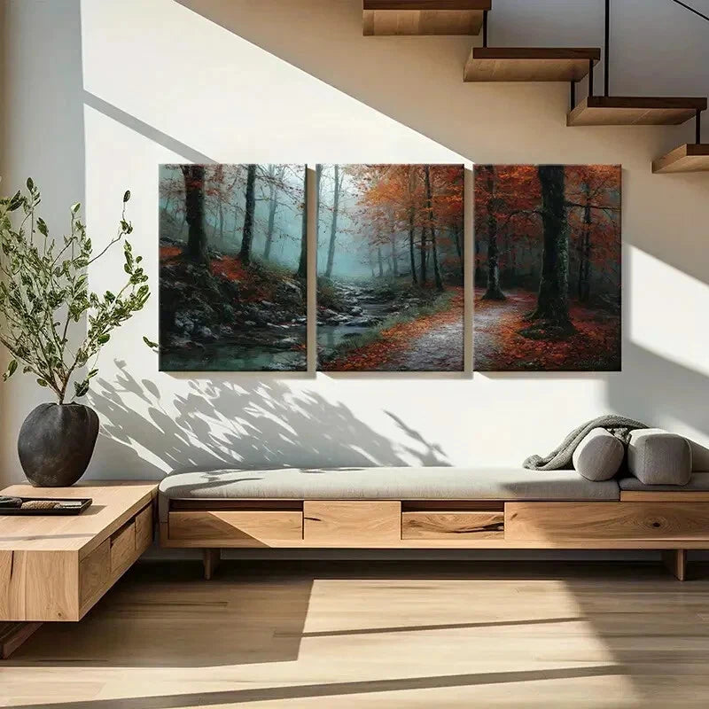 3pcs Autumn Forest Pathway Tranquil Scene Metal Print Ready to Hang Art
