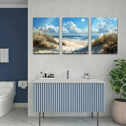 3pcs Coastal Landscape with Blue Ocean Metal Print Ready to Hang Art