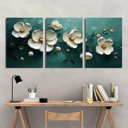 3pcs Abstract White Floral Oil Painting Metal Print Ready to Hang Art - Bella Home Decor