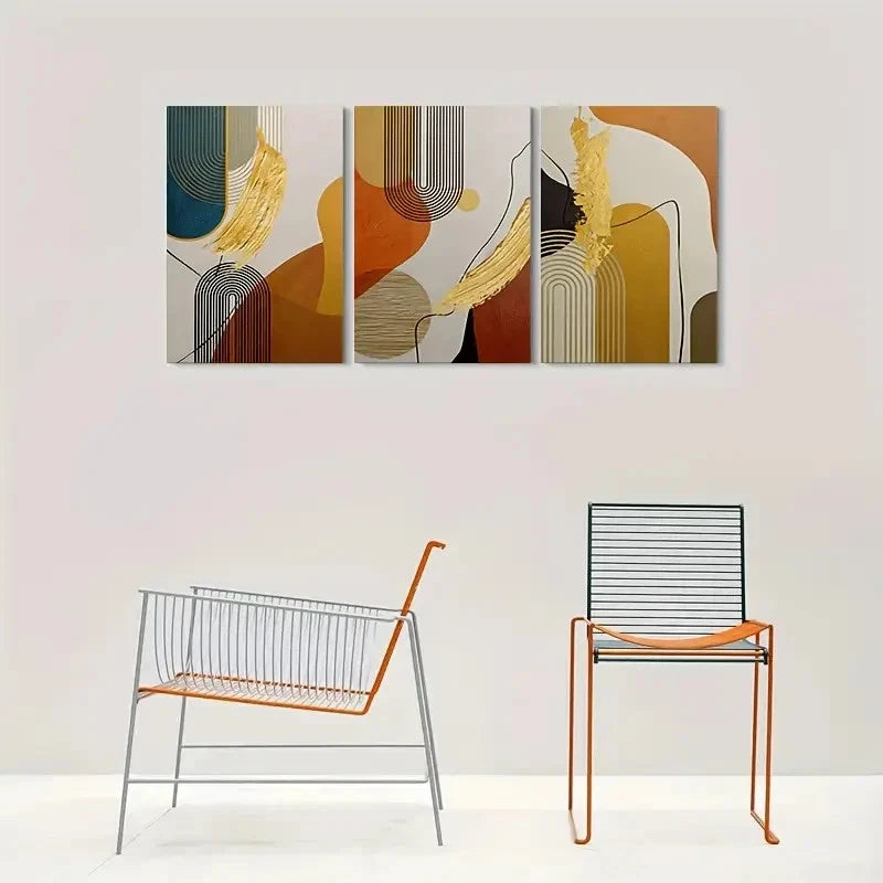 3pcs Geometric Black Lines Orange Metal Print Ready to Hang Art - Bella Home Decor