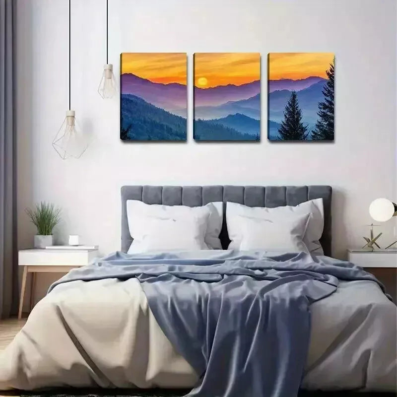 3pcs Sunset Mountains Trees Wall Art Set Canvas Framed 50x70cm - High Quality Print 100% Australian Made Wall Canvas Ready to Hang