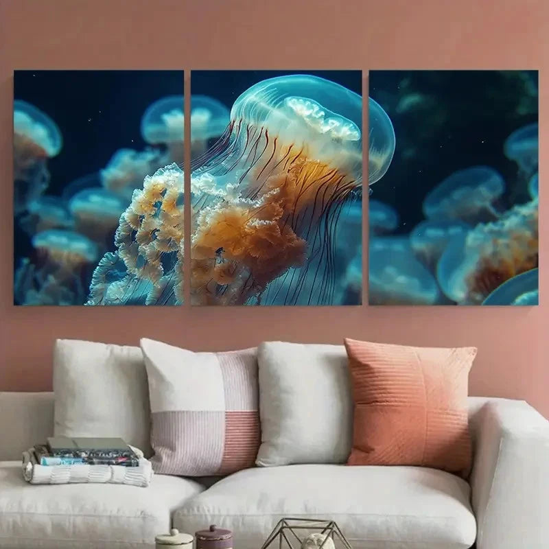 3pcs Ethereal White Jellyfish Swarm Perfect Wall Art Set Canvas Framed 40x60cm - High Quality Print 100% Australian Made Wall Canvas Ready to Hang