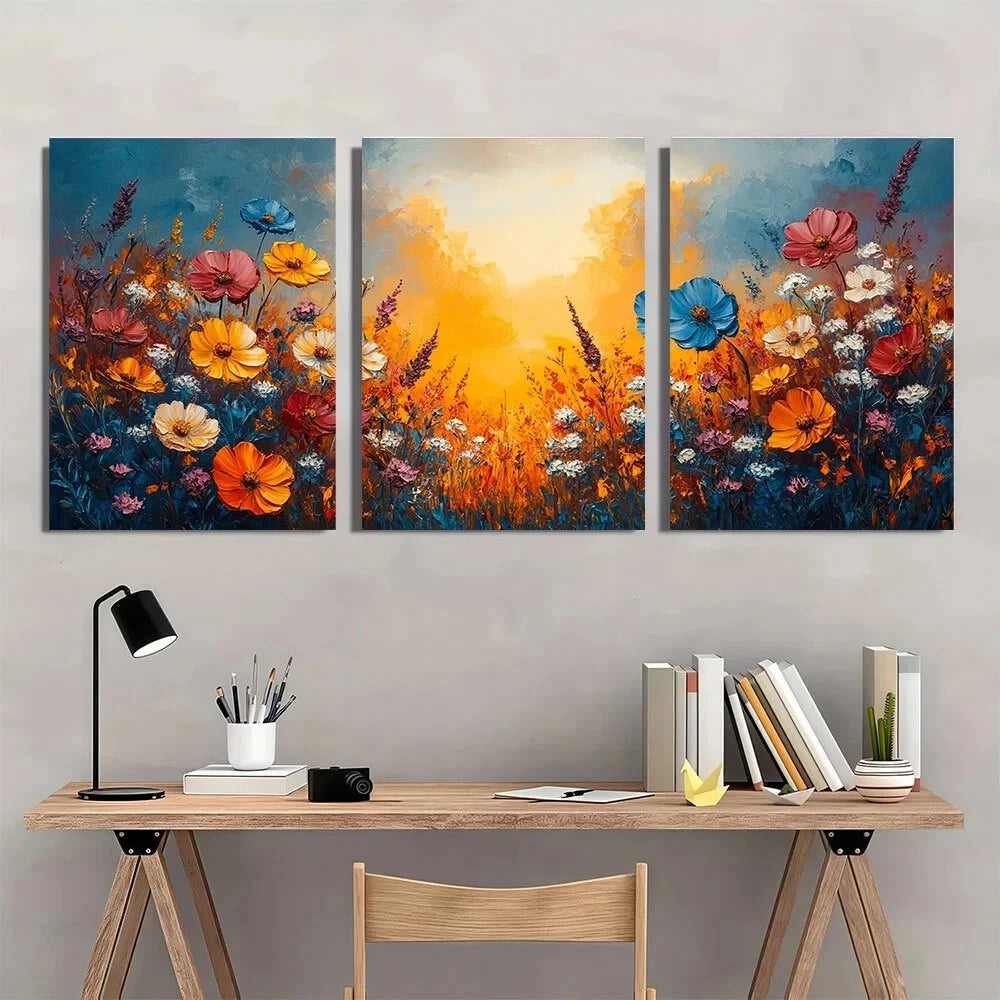 3pcs Vibrant Colorful Painting Wildflowers Metal Print Ready to Hang Art - Bella Home Decor