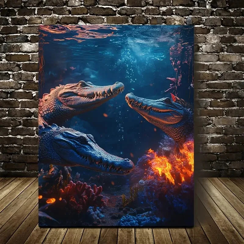 Crocodile Playing Together Underwater in a Coral Reef 40x60cm Metal Print Ready to Hang