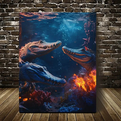 Crocodile Playing Together Underwater in a Coral Reef 40x60cm Metal Print Ready to Hang