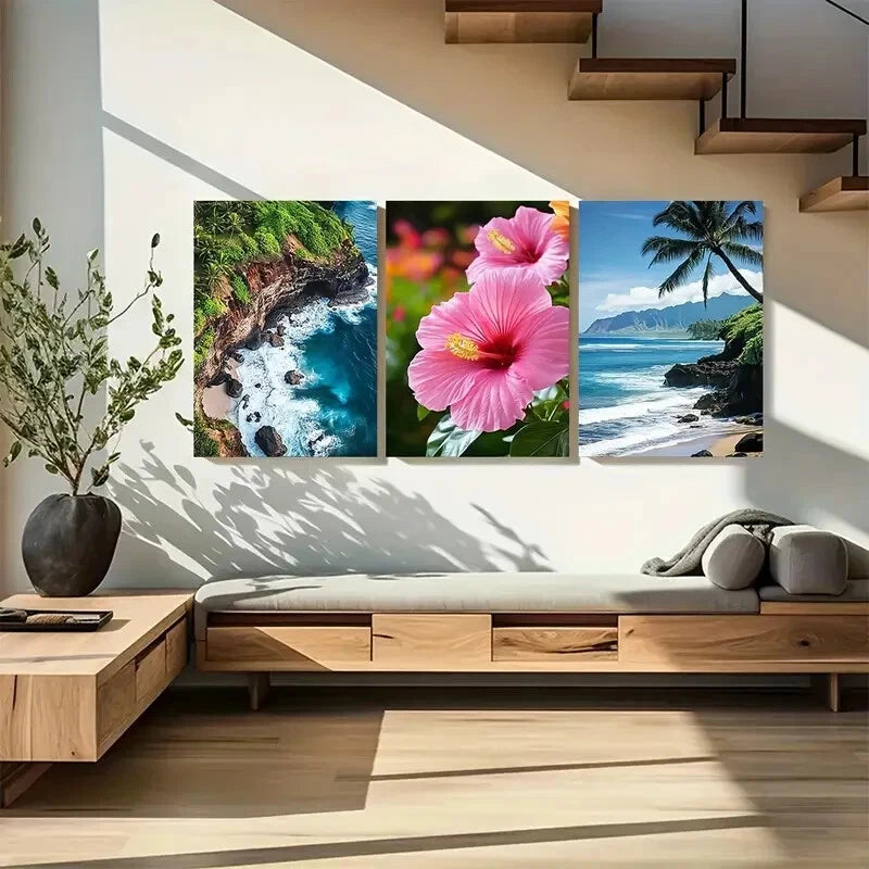 3pcs Hawaii Beach with Palm Trees and Ocean Waves Metal Print Ready to Hang Art - Bella Home Decor