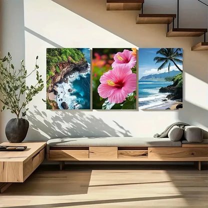 3pcs Hawaii Beach with Palm Trees and Ocean Waves Metal Print Ready to Hang Art - Bella Home Decor