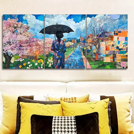 3pcs Umbrella Woman Painting Prints Metal Print Ready to Hang Art