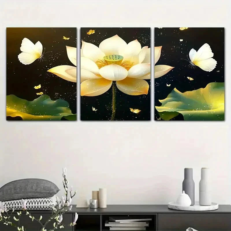 3pcs Elegant Lotus and Butterfly Design Metal Print Ready to Hang Art - Bella Home Decor