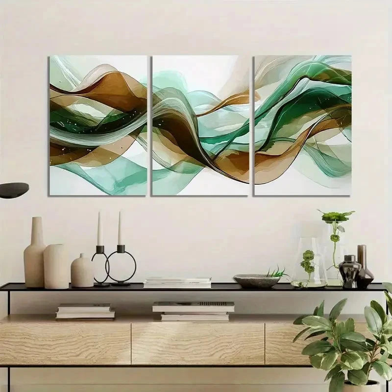 3pcs Abstract Flowing Wave of Green and Brown Metal Print Ready to Hang Art - Bella Home Decor
