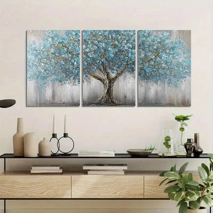 3pcs Abstract Tree with Blue Leaves Metal Print Ready to Hang Art - Bella Home Decor