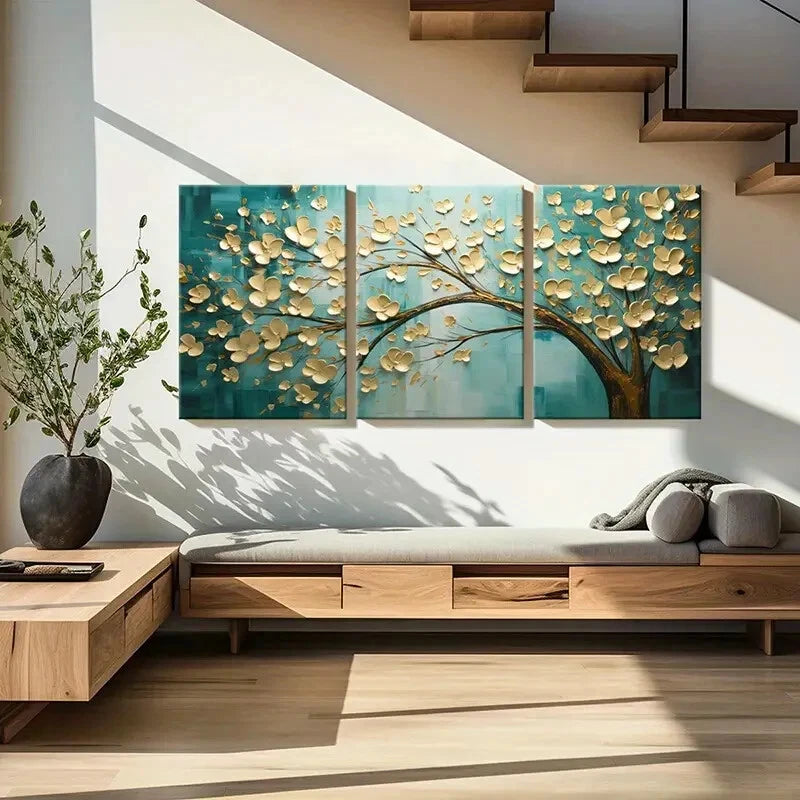 3pcs Golden Blossoms Abstract Floral Art Metal Print Ready to Hang Art - Bella Home Decor