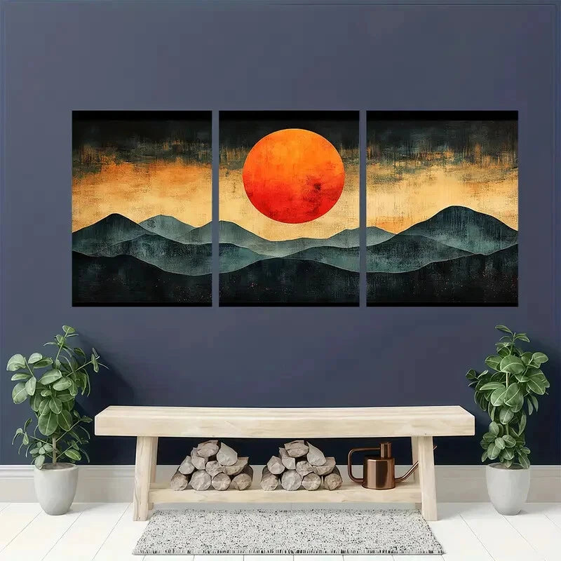 3pcs Century Orange Sun Abstract Illustrations Metal Print Ready to Hang Art - Bella Home Decor