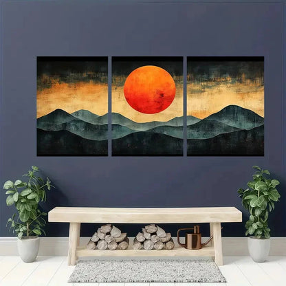 3pcs Century Orange Sun Abstract Illustrations Metal Print Ready to Hang Art - Bella Home Decor