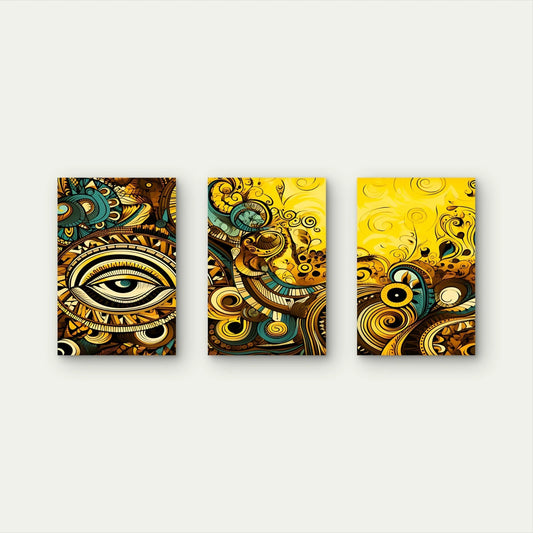 3pcs Gold and Yellow Abstract Eye Indian Art Wall Art Set Canvas Framed 40x60cm - High Quality Print 100% Australian Made Wall Canvas Ready to Hang