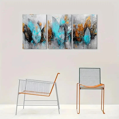 3pcs Abstract Feather Blue and Brown Wall Art Set Canvas Framed 60x90cm - High Quality Print 100% Australian Made Wall Canvas Ready to Hang