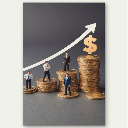 Businessmen on Stacks of Coins Corporate 40x60cm Metal Print Ready to Hang