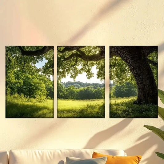 3pcs A large tree in a grassy field Wall Art Set Canvas Framed 40x60cm - High Quality Print 100% Australian Made Wall Canvas Ready to Hang