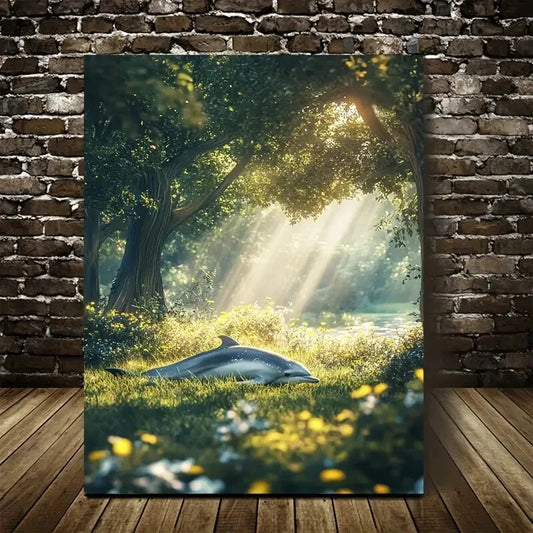 Dreamlike Dolphin Rolling on Grass in Sunlit Painting 40x60cm Metal Print Ready to Hang - Bella Home Decor