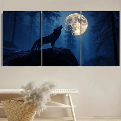 3pcs Wolf Howling at Full Moon Eerie Forest Wall Art Set Canvas Unframed - High Quality Print 100% Australian Made Wall Canvas