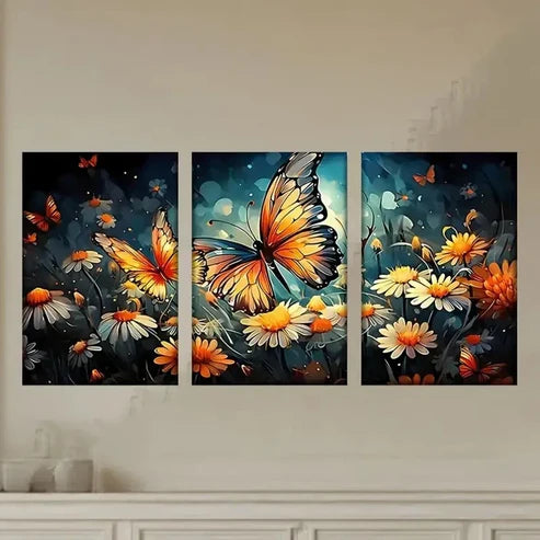 3pcs Vibrant Butterfly & Flower Wall Art Set Canvas Unframed - High Quality Print 100% Australian Made Wall Canvas - Bella Home Decor