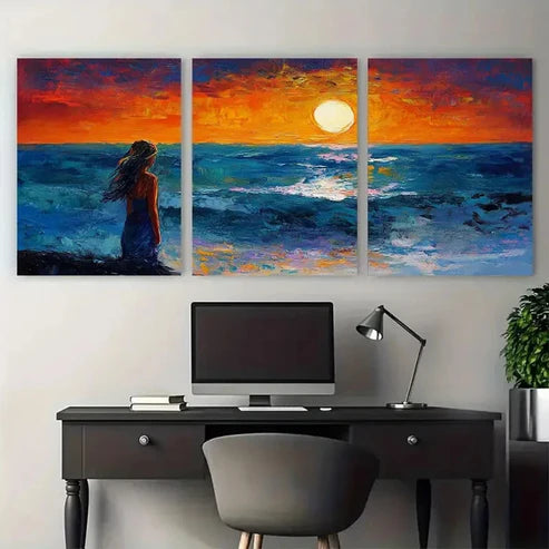 3pcs Girl Beach Night Seascape Design  Wall Art Set Canvas Unframed - High Quality Print 100% Australian Made Wall Canvas - Bella Home Decor