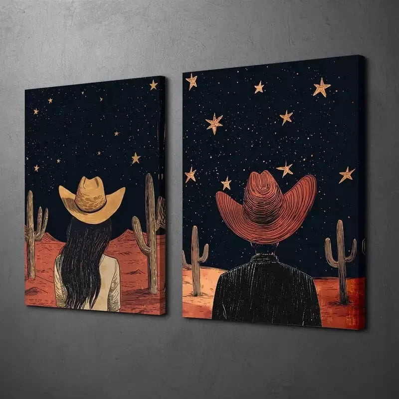 2pcs Western Cowboy & Starry Sky Canvas Framed 50x75cm - High Quality Print 100% Australian Made Wall Canvas Ready to Hang - Bella Home Decor