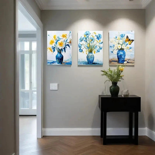 3pcs White and Blue Daisy in Pretty Vase Picture Metal Print Ready to Hang Art