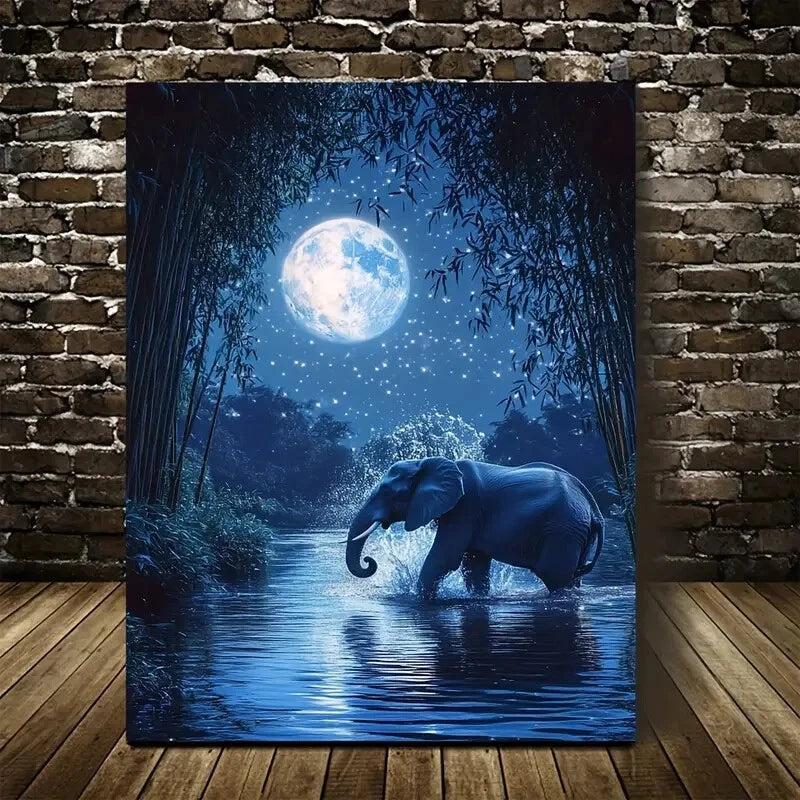 Vibrant Elephant in Bamboo Grove at Night Painting  40x60cm Metal Print Ready to Hang