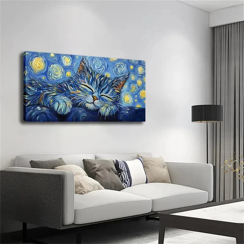 Sleeping Cat with Starry Night Wall Art Canvas Office Home Room Framed 120x60cm - Bella Home Decor