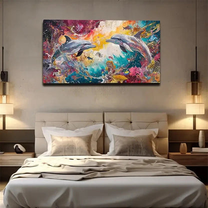 Two Dolphins In Vibrant Marine Wall Art Canvas Office Home Room Framed 120x60cm