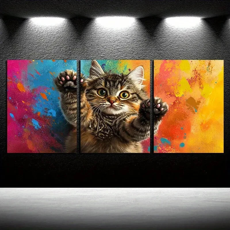 3pcs Vibrant Charming Cat & Hand Design Metal Print Ready to Hang Art - Bella Home Decor
