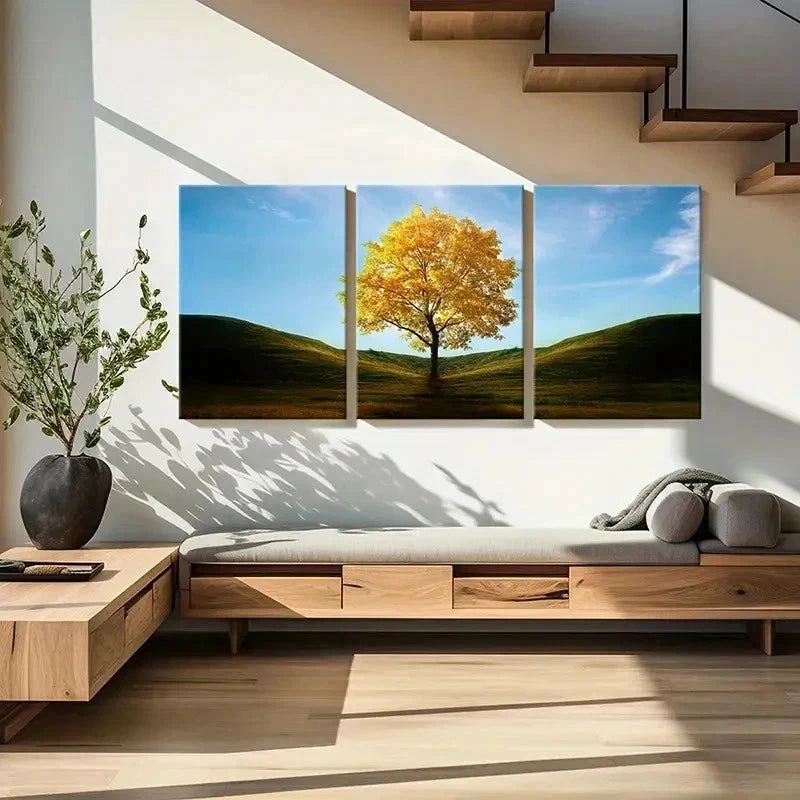 3pcs Golden Trees In The Valley Modern Wall Art Set Canvas Framed 50x70cm - High Quality Print 100% Australian Made Wall Canvas Ready to Hang - Bella Home Decor