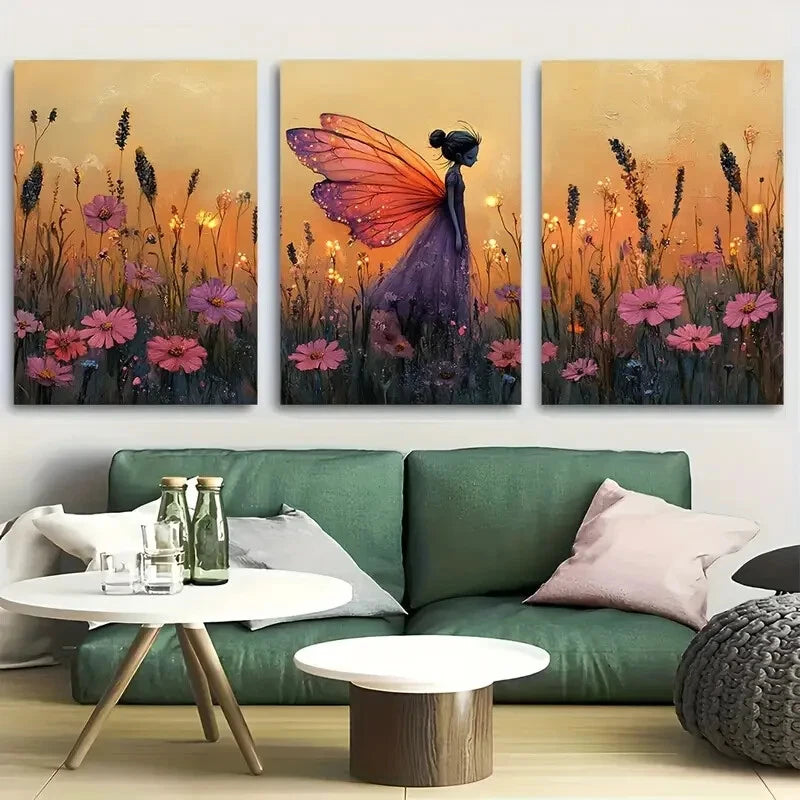 3pcs Vibrant Purple & Pink Floral Fairy with Wings Metal Print Ready to Hang Art