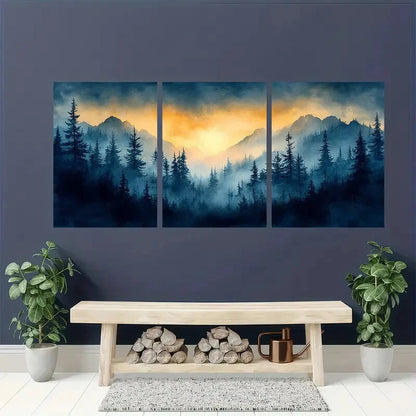 3pcs Vermont Landscape Foggy Forest with Golden Metal Print Ready to Hang Art - Bella Home Decor
