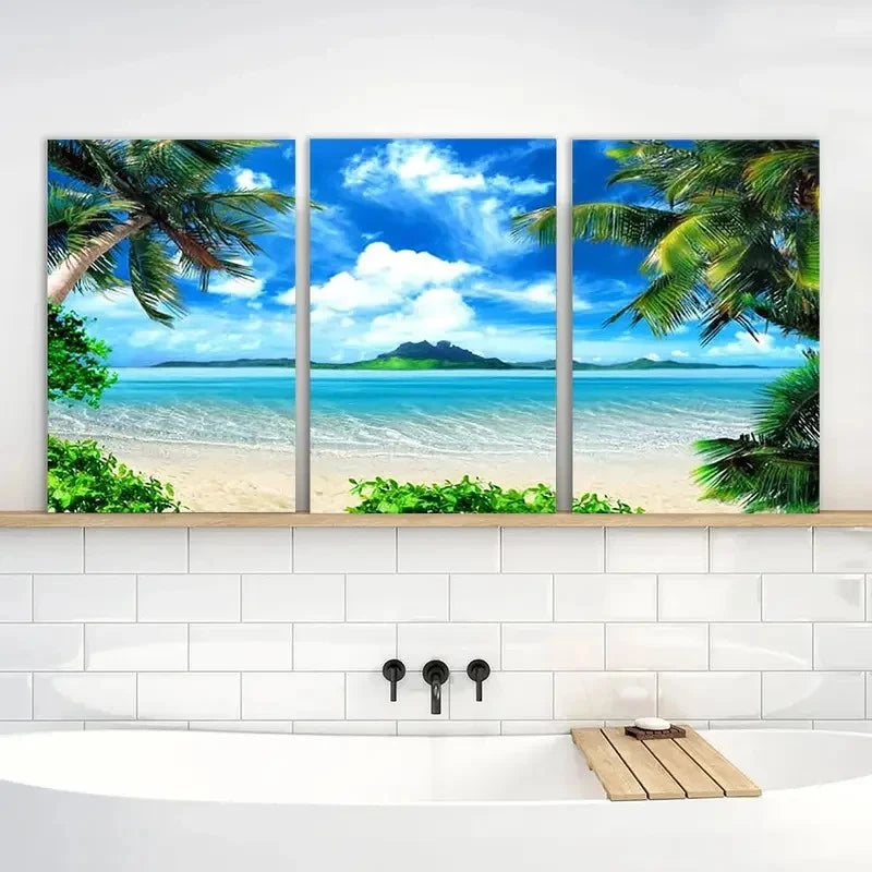 3pcs Painting Blue Sea Beach Art Seascape Metal Print Ready to Hang Art - Bella Home Decor