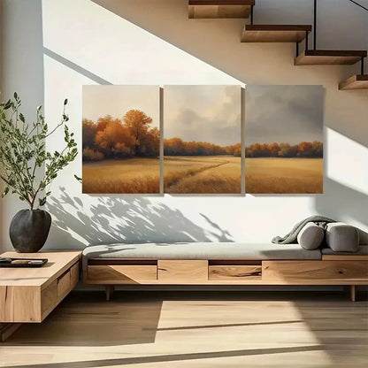 3pcs Autumn Landscape Triptych with Golden Fields Metal Print Ready to Hang Art - Bella Home Decor