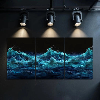 3pcs Ocean Wave Blue and Black Lighting Design Metal Print Ready to Hang Art