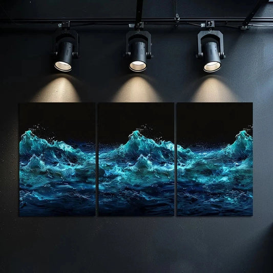 3pcs Ocean Wave Blue and Black Lighting Design Metal Print Ready to Hang Art