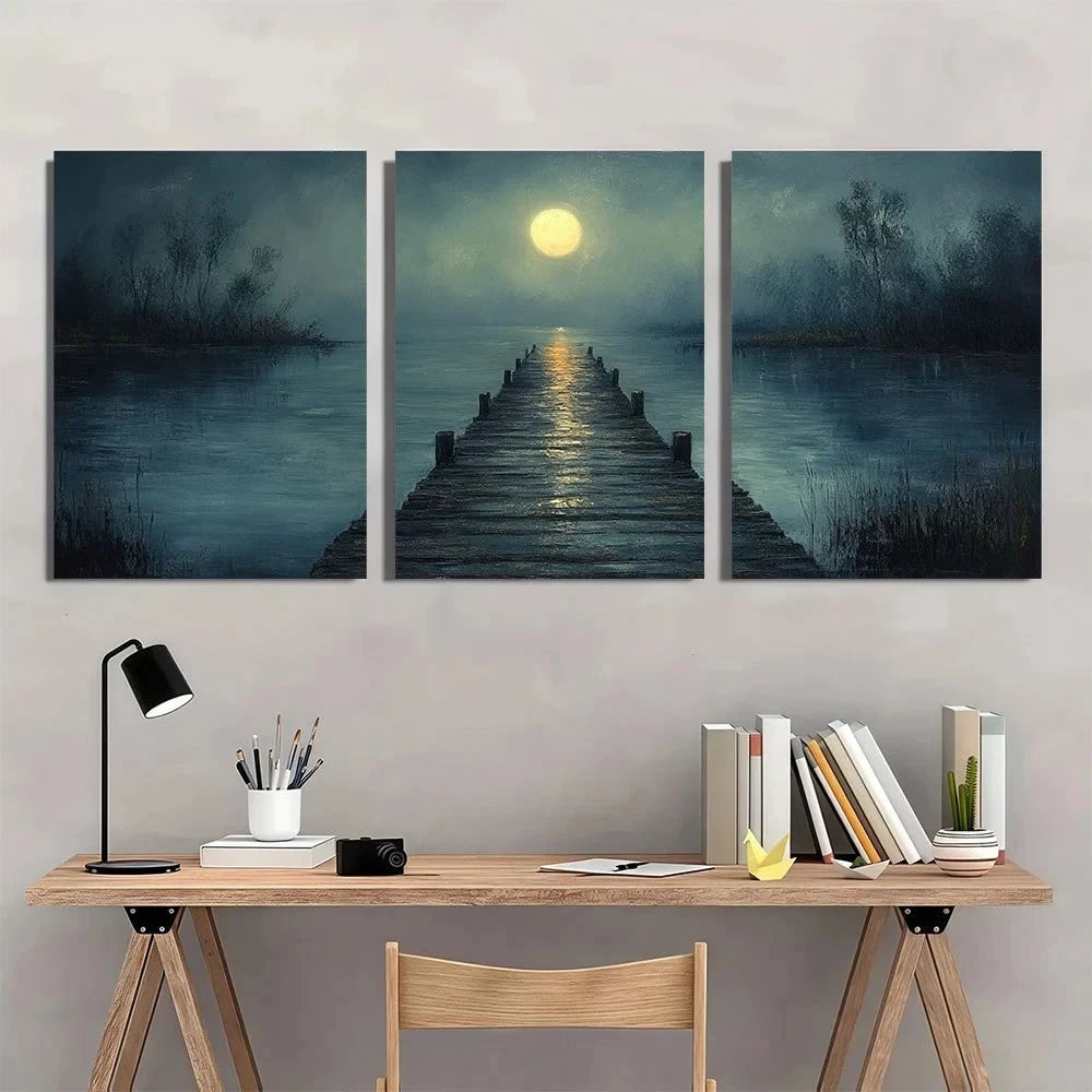 3pcs Moonlit Pier Boardwalk Misty Trees Metal Print Ready to Hang Art - Bella Home Decor