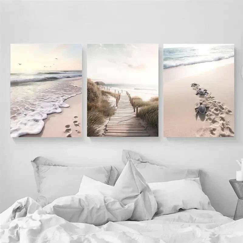 3pcs Beach Turtle & Coastal Path Prints Metal Print Ready to Hang Art - Bella Home Decor