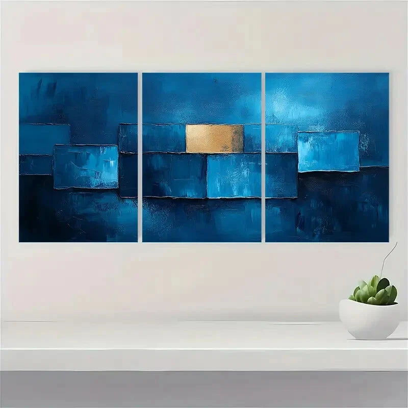3pcs Abstract Blue Oil Paintings Navy & Golden Metal Print Ready to Hang Art - Bella Home Decor