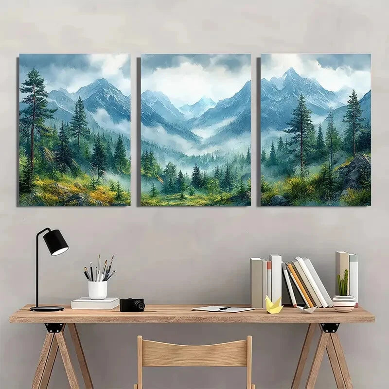 3pcs Misty Pine Trees & Snow-Capped Peaks Metal Print Ready to Hang Art - Bella Home Decor