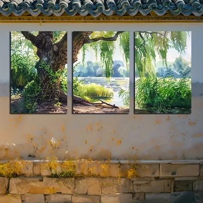 3pcs Nature Scenes with Willow Trees and lake View Metal Print Ready to Hang Art - Bella Home Decor