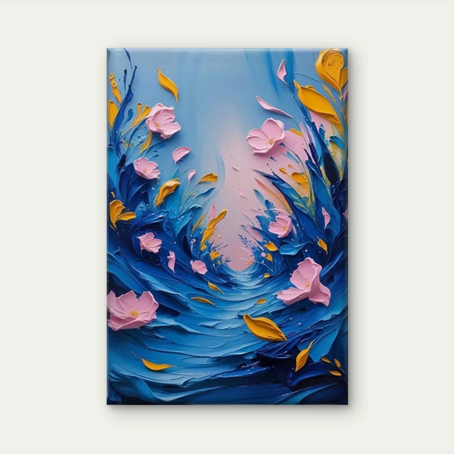 Blue Floral Wave Pink Flowers & Yellow Leaves 60x90cm Metal Print Ready to Hang