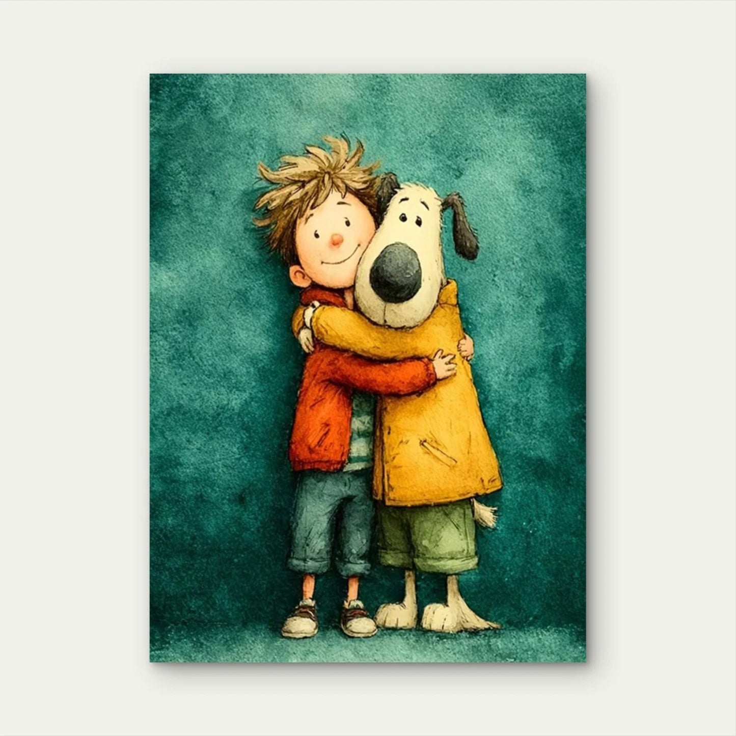 Dog and Boy Hugging Metal Print Ready to Hang