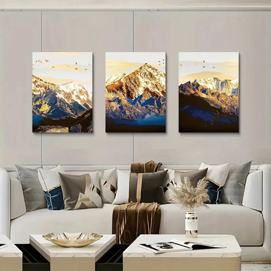 3pcs golden mountain and bird flock Metal Print Ready to Hang Art