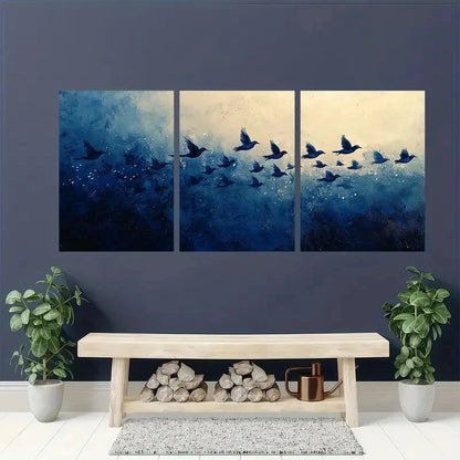 3pcs Minimalist Abstract Navy Blue Bird Flock Metal Print Ready to Hang Art - Bella Home Decor