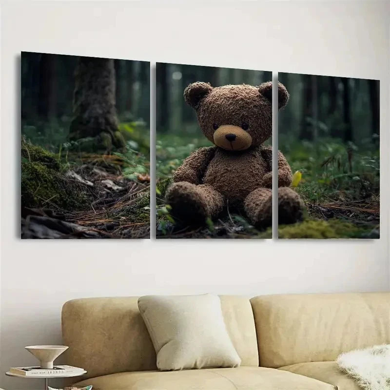 3pcs Stuffed Bear Forest Wall Art Set Canvas Framed 40x60cm - High Quality Print 100% Australian Made Wall Canvas Ready to Hang