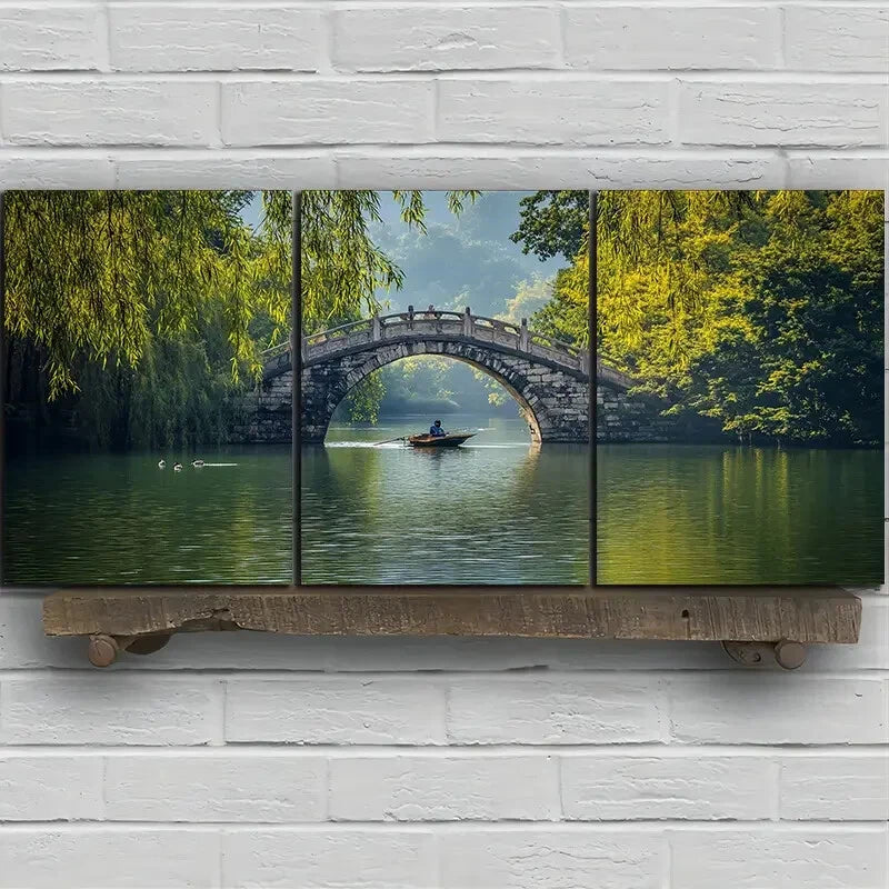 3pcs The Boatman Under The Arch Bridge Metal Print Ready to Hang Art - Bella Home Decor